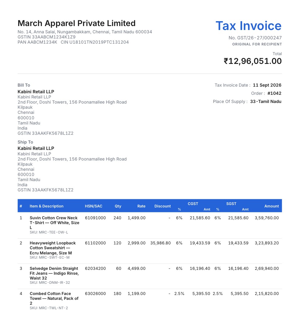 A GST tax invoice generated by AppSaaz, with CGST and SGST columns